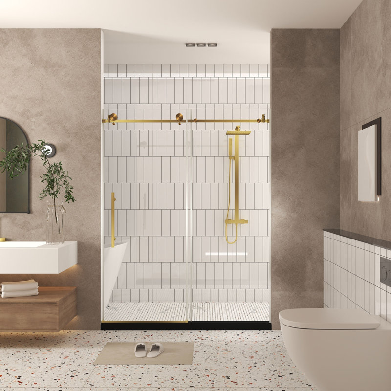Porte coulissante sans cadre de luxe en verre trempé de 60 x 76 po - 6 mm, roues silencieuses et joint résistant à l'eau, conception inspirée du spa