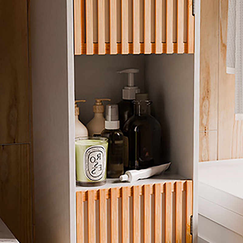 Bathroom Tall Storage Cabinet With Bamboo Slats Door - Natural/White