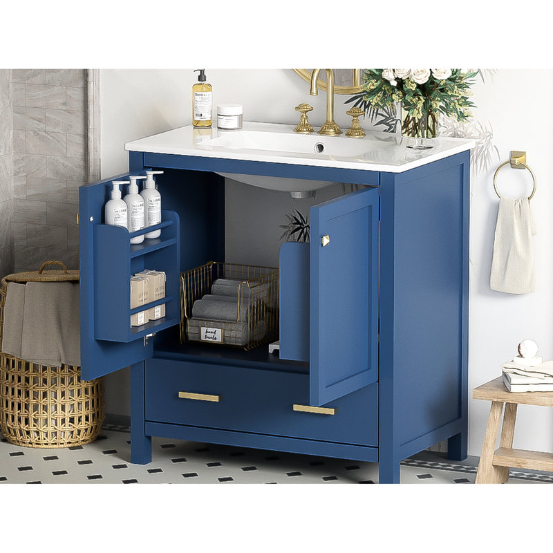 Meuble de salle de bain bleu de 30 po. Meuble-lavabo avec lavabo simple et armoire. Matériau en bois massif. Portes, structure de décoration moderne, extérieur. Lavabo rectangulaire en céramique. 2 1 tiroir. Pour silencieux