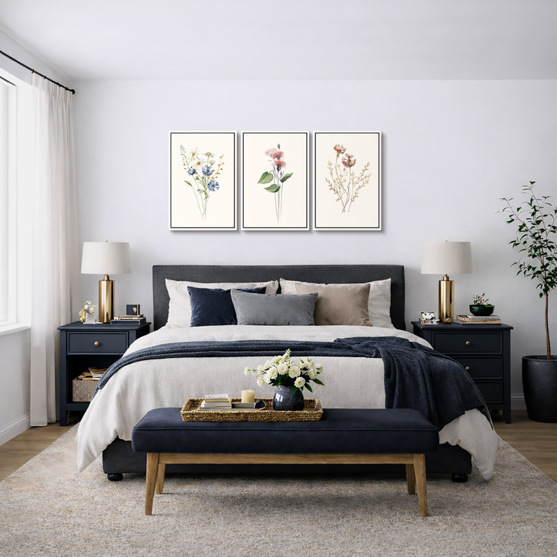 "Minimal Botanical" Pastel Wild Flower Daisy Variétés, Cadre flottant blanc, H 36 po x l 72 po