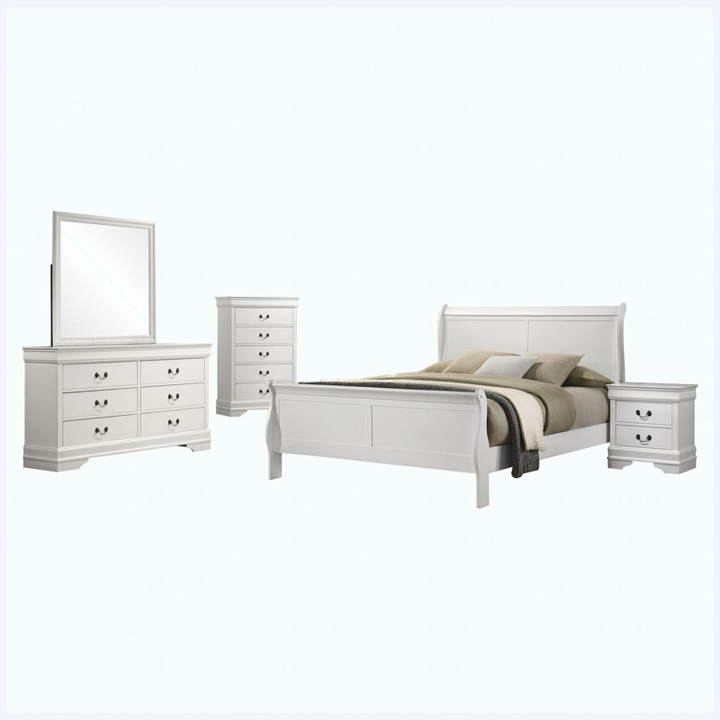 Ensemble de chambre avec grand lit 5 pièces White, 5 Pcs: Bed, Nightstand, 2 Dressers, Mirror, Queen