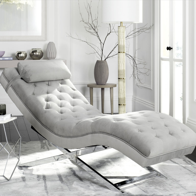 Chaise longue sans accoudoirs capitonnée Mabella, Velours gris, Chrome