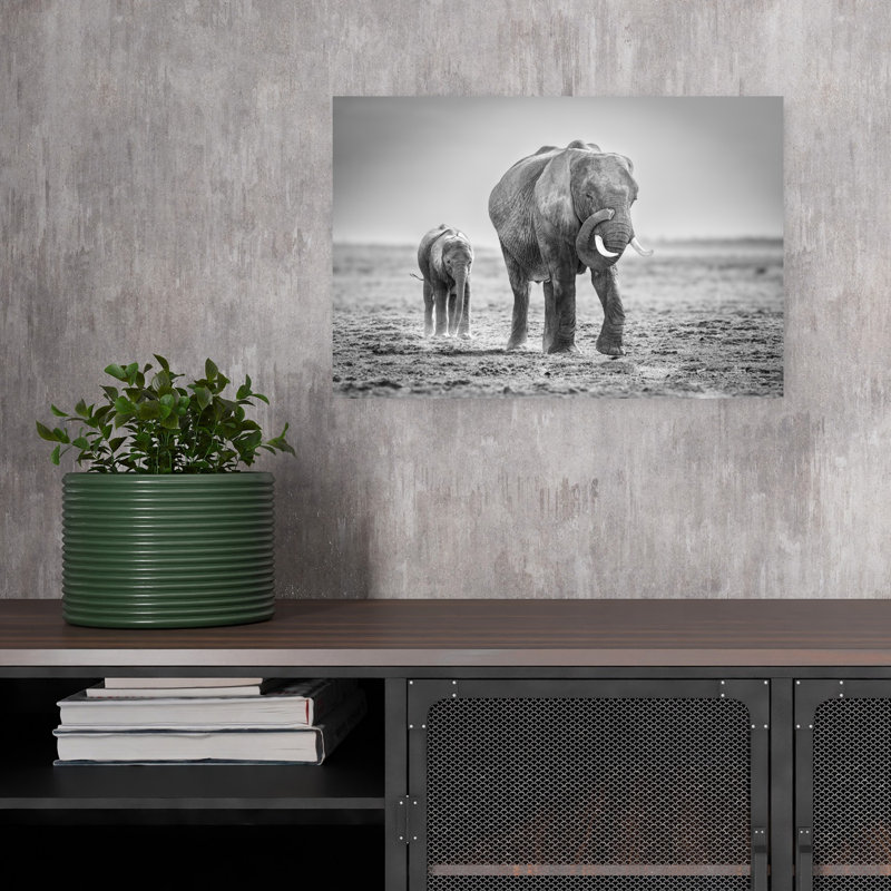 Mother Elephant And Calf Contemporary Elephant Landscape Nature Wall Art Print by Jeffrey C. Sink - 1 Piece Wrapped Canvas Wall Art