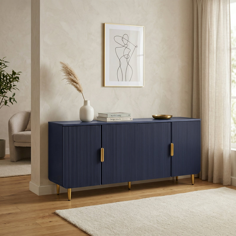 64.8" Navy Blue Fluted TV Stand with Gold Handles, Modern Media Console with Storage for TVs up to 75", Blue/Gold