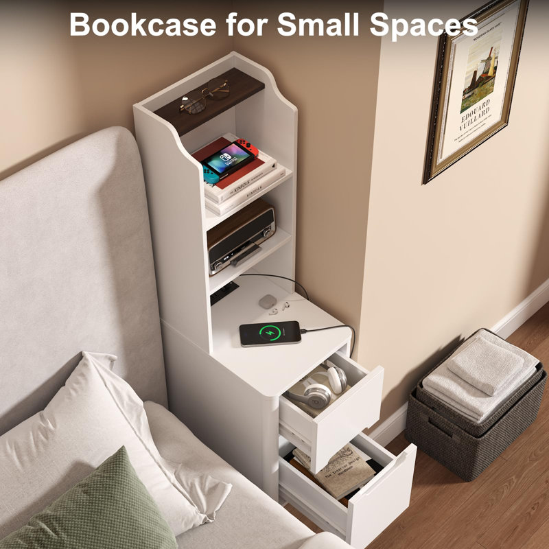 Tall Nightstand with Charging Station, White
