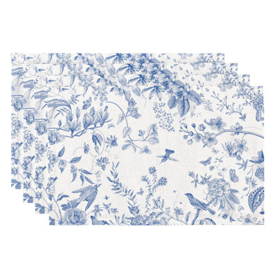 Boho Placemats Set Of 4, 12X18 Inch Linen Fabric Place Mats For Kitchen Dinning, Farmhouse Rustic Floral Cloth Table Mats, Washable Placemat Botanical Party Table Décor, Blue Garden