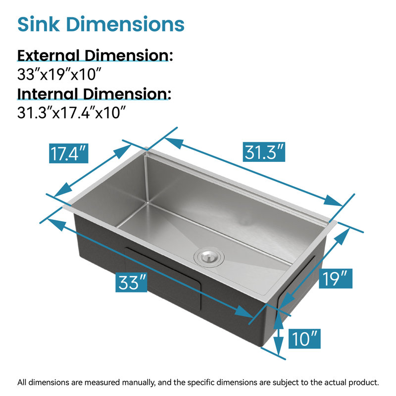 Modern Dark Gray Kitchen Sink 33"X19" - Stainless Steel With Brush Finish 33X19 Inch Wash Handmade Advanced Drainage Design