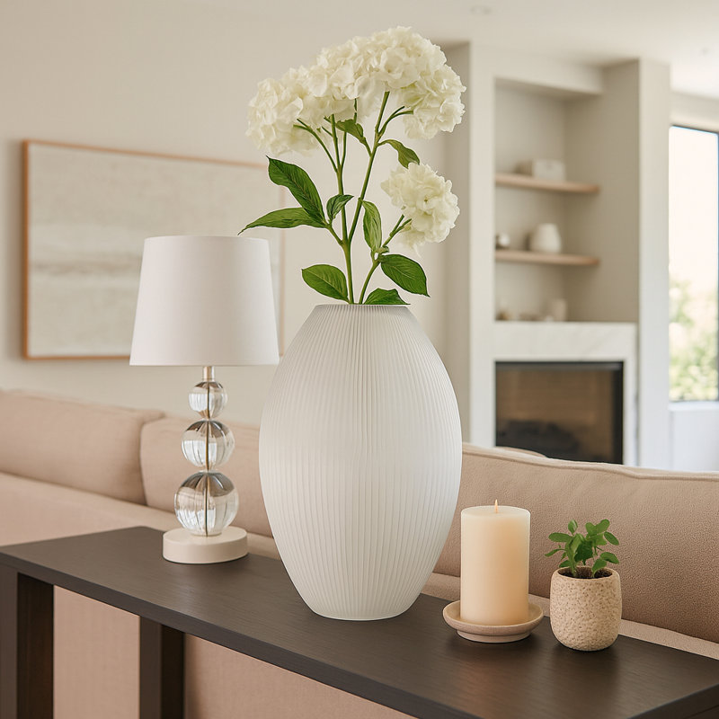Grand vase décoratif décoratif en verre nervuré pour table Home Decor - Vase minimaliste moderne pour table, tablette ou présentoir - 18 po, blanc
