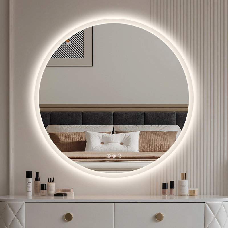 Round LED Bathroom Vanity Mirror with Bluetooth Speaker, Tempered Mirror, Dimmable, Anti-Fog, Touch Control, 27.5" x 27.5"