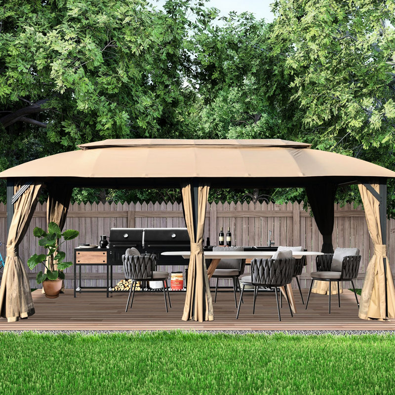 Pavillon de jardin extérieur 10 x 20 pi - coins réglables, rideaux d'intimité, intérieur spacieux de la tente brune, tissu imperméable, cadre robuste,
