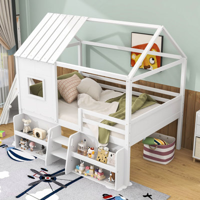 House Loft Bed with Shelves and Guardrails