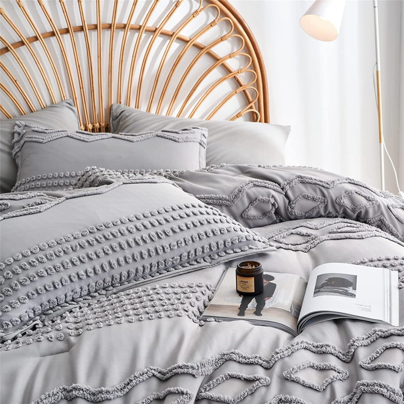 Ensemble d'édredon complet, lit bohème gris touffeté 7 pièces dans un sac, literie en microfibre texturée à pompon avec édredon, draps, taies d'oreiller et taies d'oreiller, toutes saisons