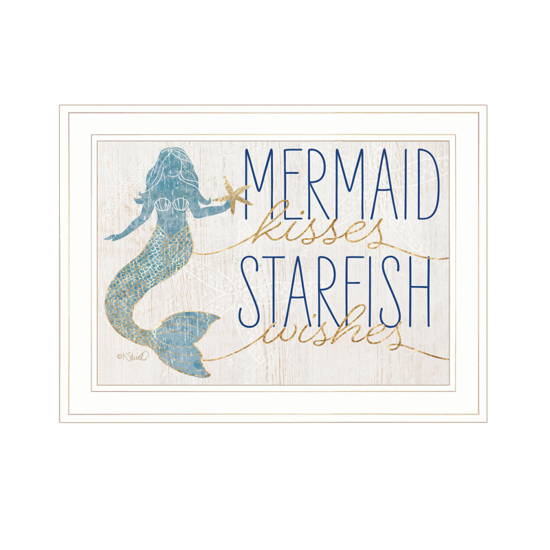 KS126-Mermaid Kisses Starfish Wishes par Kate Sherrill, prêt à accrocher, encadré, Blanc / or
