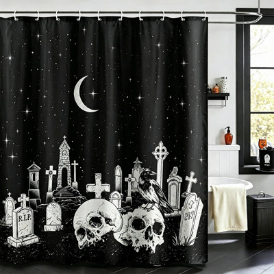 72x72 Inch Halloween Skull Gothic Shower Curtain Set with 12 Hooks, Waterproof Polyester Spooky Graveyard Pumpkin Pattern Bathroom Curtain for Holiday Decor