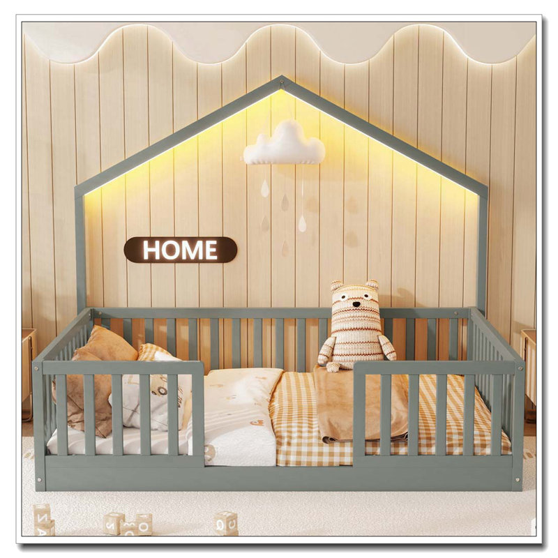 Lit sur pied avec rails hauts, lit Montessori en bois avec lumière, Complète, gris