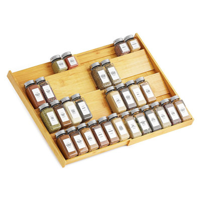 Bamboo Expandable 4‑Tier Spice Rack – Fits 12"‑23" Wide Drawers or Cabinets, 3" Depth Required – Kitchen Seasoning Organizer (Jars Not Included)