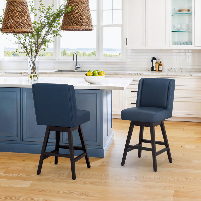 Tabouret de comptoir pivotant rembourré Kamiyla, Siège en similicuir bleu foncé / structure espre