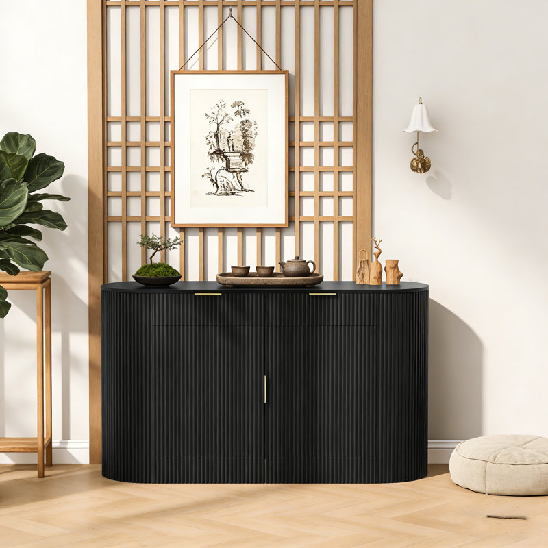 55.1 Inch Modern Storage Lilliam with 2 Doors, 2 Drawers, and 3-Tier Side Shelves for Versatile Home Organization., Black