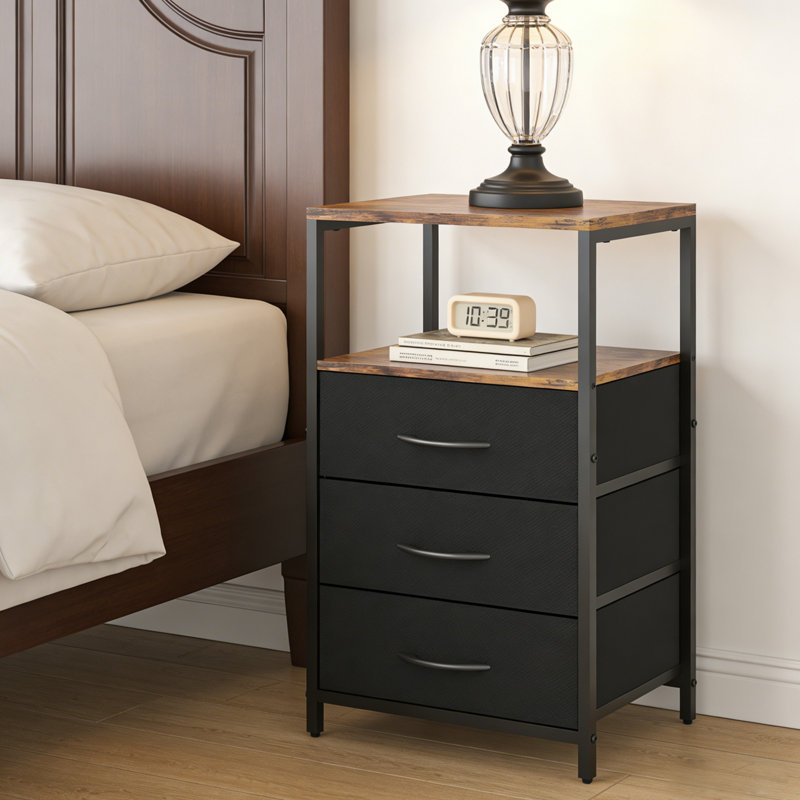 Industrial 3 Drawer Nightstand with Open Shelf, Rustic Wood & Metal Frame Bedside Table, Small End Table for Bedroom, Living Room