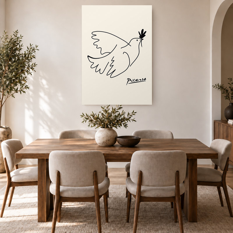 Dessin minimaliste de colombe noire au trait, art mural neutre sur toile, 18" H x 12" W