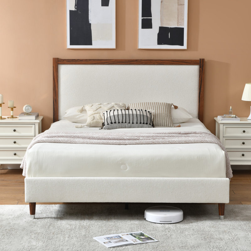 Wooden platform bed with upholstered base, Cream, Queen