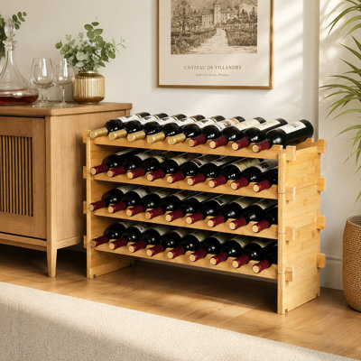 Natural Bamboo 36-Bottle 4-Tier Stackable Modular Wine Rack Tabletop Display Shelf Storage Organizer for Home Bar Kitchen Wine Cellar