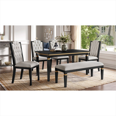 6-Person Rectangular Dining Set with Table, 4 Tufted Chairs, Bench, Matte Black, Solid Wood + MDF