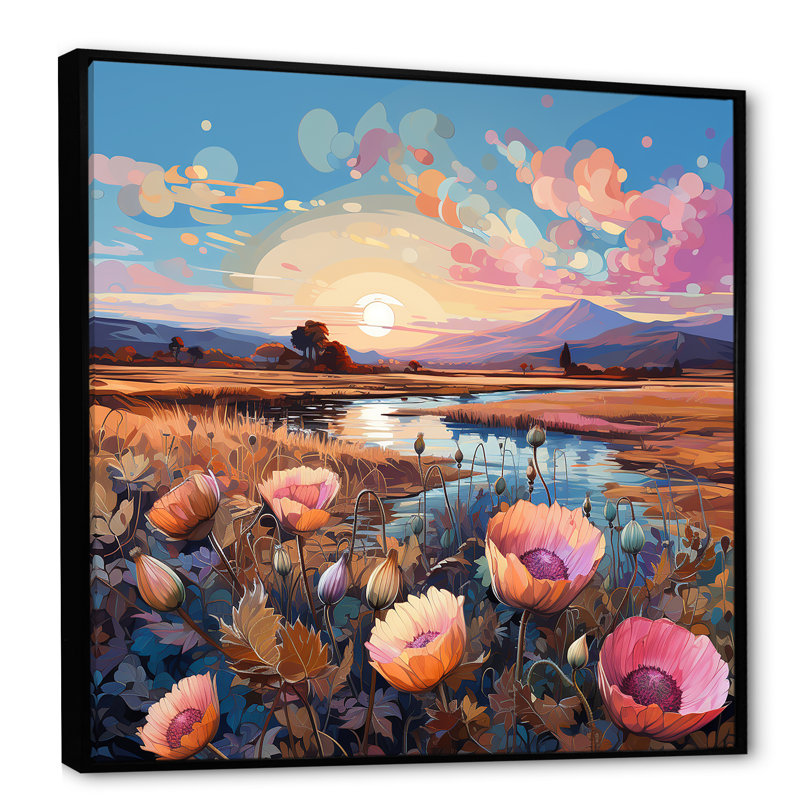 «Thistle Flower Field Sunset» sur toile, H 24 po x l 24 po x P 1 po, Cadre flottant noir
