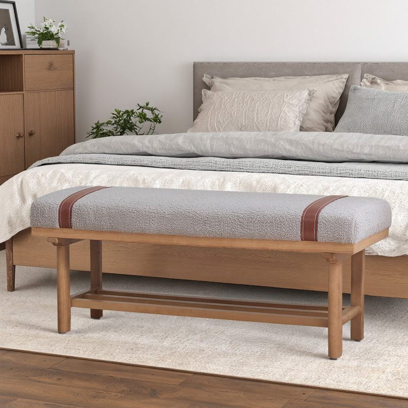 44.5"W Solid Wood Upholstered Bench with Storage Shelf and PU Leather Belt, Light Gray