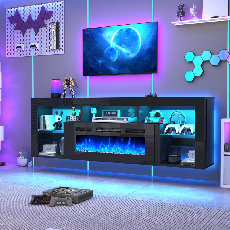 71" Floating Fireplace TV Stand For Tvs Up To 85" With Charging Stations, LED Light Strip, High Gloss, Black