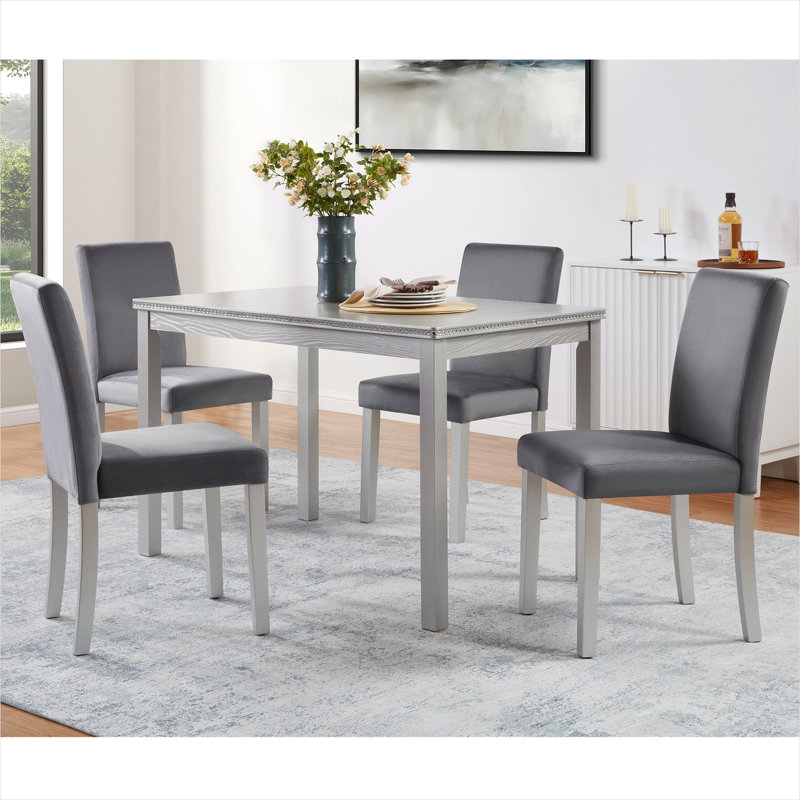 Ensemble de salle à manger 5 pièces avec chaises rembourrées, table rectangulaire compacte en gris neutre et bois massif
