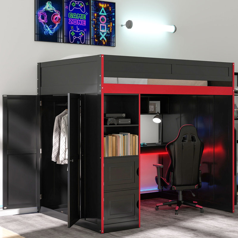Lit mezzanine Gaming avec bureau, rangement et lumières à DEL - simple, noir, coffre de construction haute performance