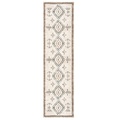 Beige Ethnic Polyester Soft Touch Machine Woven Decorative Area Rug