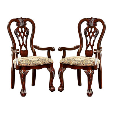 Fauteuils de style traditionnel 2, salle à manger, cerisier en bois massif, siège en tissu brun, dossier complexe avec imprimé et pieds à griffes classiques 2 pièces, bois, tissu de siège imprimé, design,
