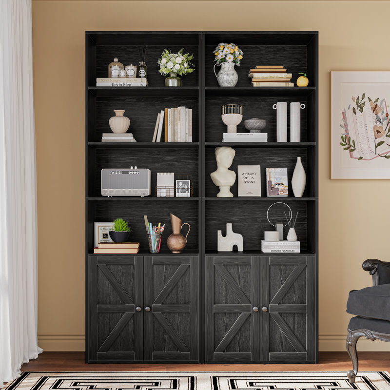6 Tier 71.5"H x 22.7"W Wooden Storage Bookcase with Door Cabinets, Black