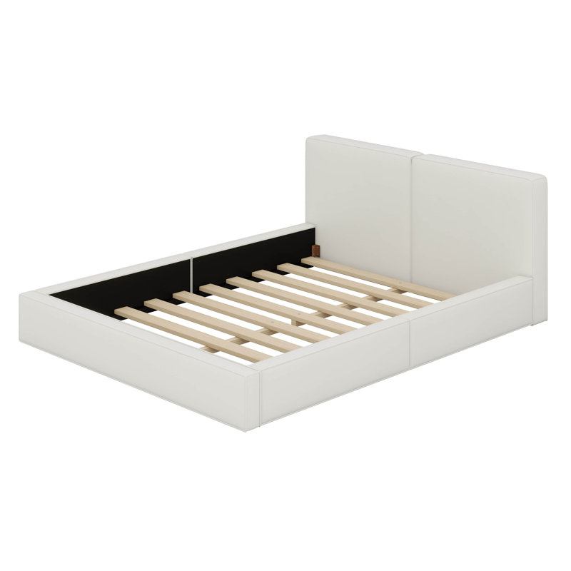 Grand lit plateforme tapissier en velours grand format avec base solide, Beige