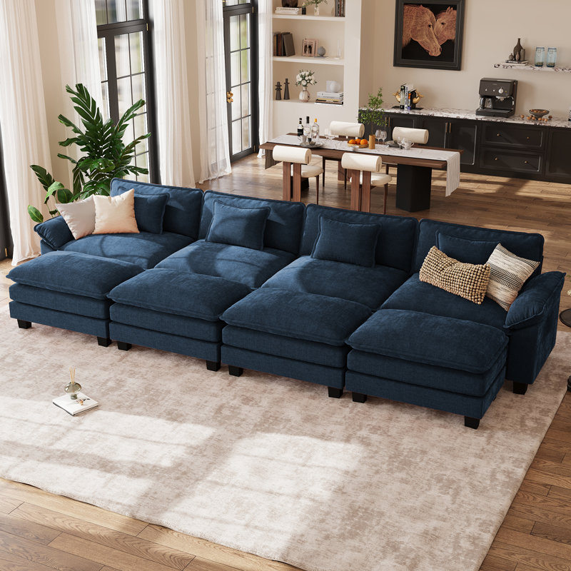 Brazell 154" W U-Shaped Modular Sectional Sofa With Deep Seat, Cloud Couch With Four Ottomans & Removable Cushions-Blue