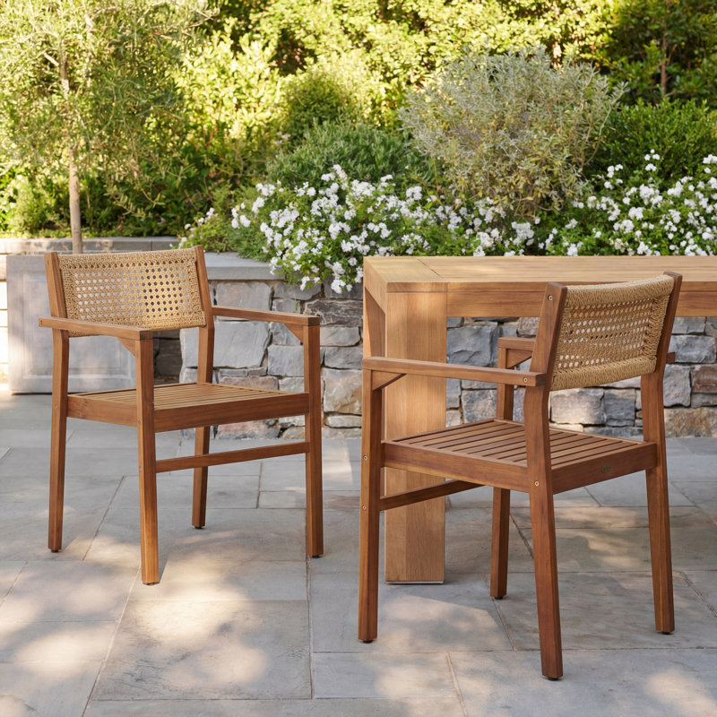 Chaises de salle à manger d'extérieur sans accoudoirs modernes en bois d'acacia avec dossier en osier PE, 4, Natural Stained