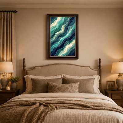 Teal and Cream Abstract Layered Waves Canvas Wall Art