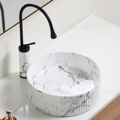 Lavabo vasque de salle de bain, 14,47 po x 14,47 po x 5,08 po, revêtement en marbre noir et blanc, robinet d'aérateur en céramique, drainage rapide et bonne filtration ronde: L 14,47 po, l, H 5,08 po, marbre, drain de robinet, eau uniforme