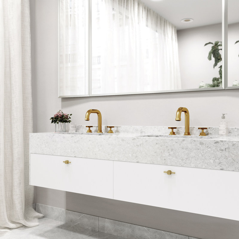 Hart Widespread 3-Hole Bathroom Faucet, 2-Handle High Arc With Round Knob Handles In Matte Brushed Gold, Matte Brushed Gold