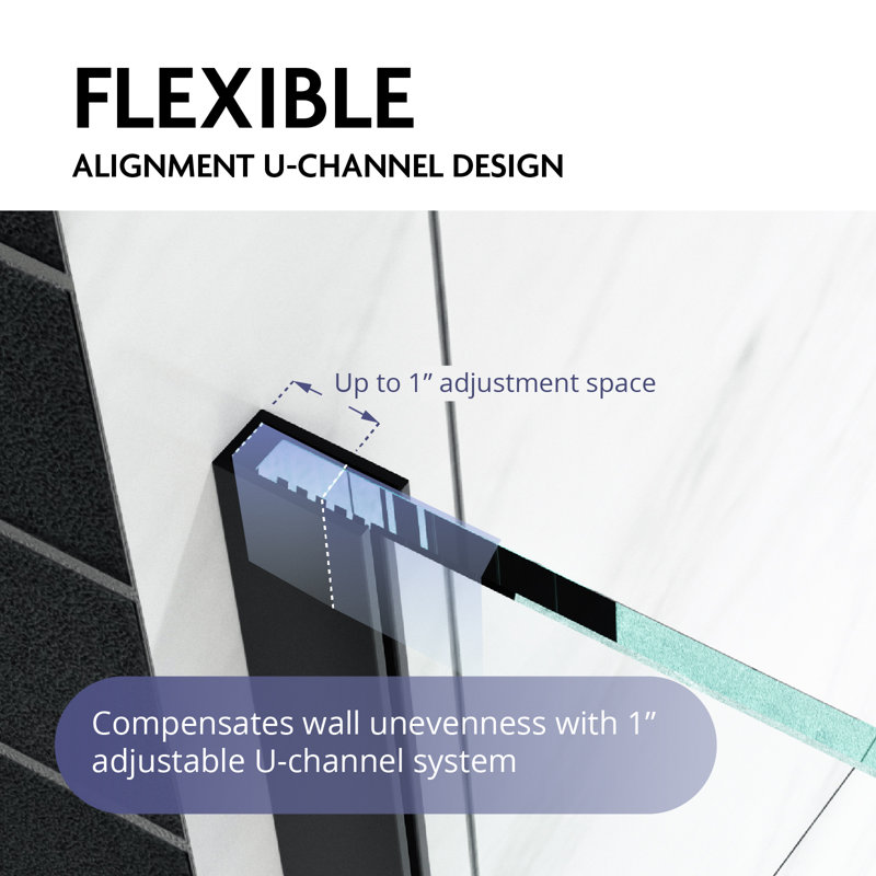 EV Series 55in. - 66in. W x 72in. Frameless Hinged Glass Shower Door | 1 Inches Width Adjustment for Each Size | 3/8 in. Thickness Tempered Clear Glass | Adjustment Uneven Walls