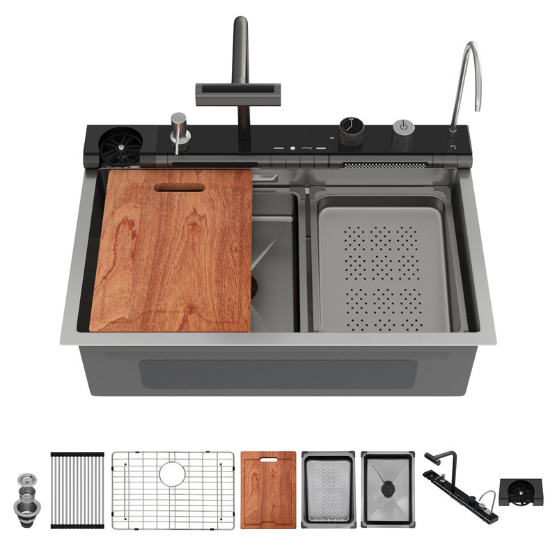 30" Kitchen Sink Waterfall Sink - 30 X 19 X 9 Inch Multifunction Single Bowl 16 Gauge Stainless Steel Ledge Workstation Smart Digital Features Top Mount Kitchen Sinks