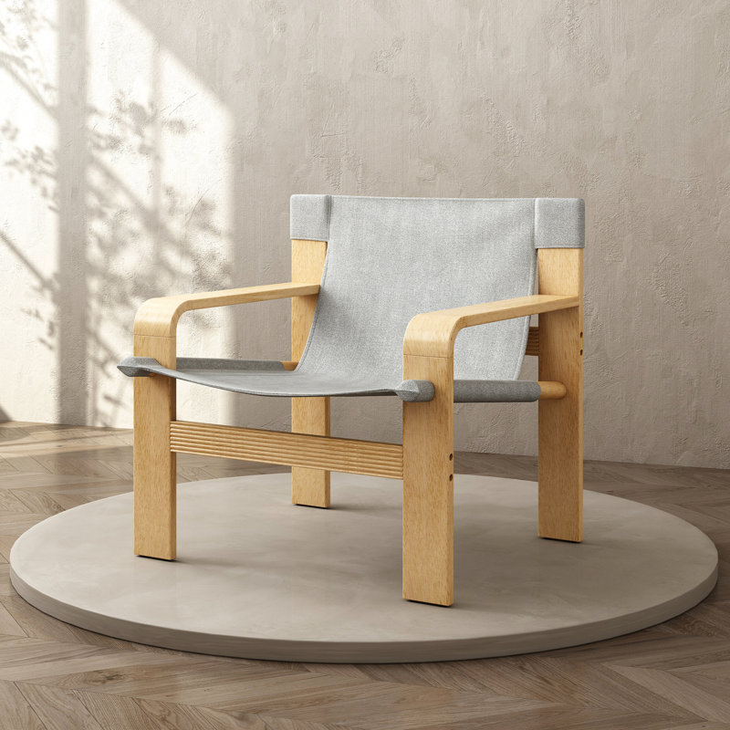 Detachable And Washable Grey Oak Accent Chair With Wide Solid Wood Frame, For Bedroom, Balcony Study - Mid Century Linen Fabric Lounge Cover, Comfort In Living Room, Office Bedroom Design