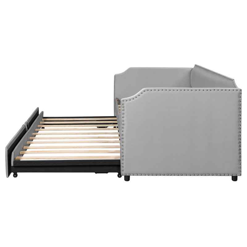 Lit de jour simple en velours rembourré avec couchette escamotable, gris, Gris