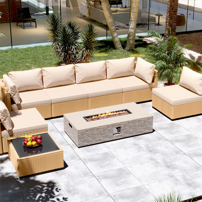8-Piece Rattan Patio Conversation Set with Cushions and 56-Inch Outdoor Fire Pit Table, Beige