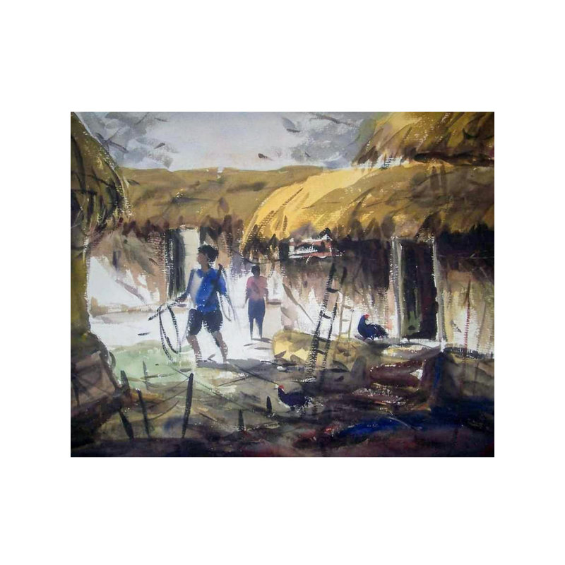 Vie de village | Aquarelle sur papier | Par Dipu Das | Décoration murale