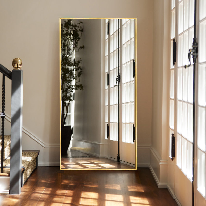 Vertell Oversize Rectangle Full Length Metal Mirror for GYM/ Bedroom with Stand, Brushed Gold, 71" x 28"