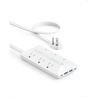 Flat Plug Power Strip(300J), 20W USB C Power Strip, 10-In-1 Ultra Thin Power Strip With 6 AC, 2 USB A/2 USB C,10Feet Extension Cord, Desk Charging Sta