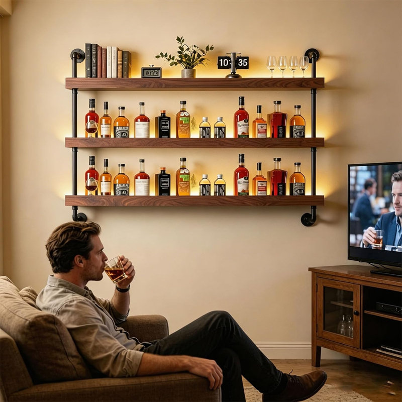 Casier à vin mural de 61 po à 3 niveaux, style industriel, avec éclairage DEL, 47.2" H x 61" W x 7.8" D